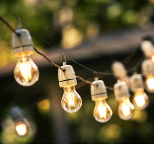 A string of outdoor lightbulbs